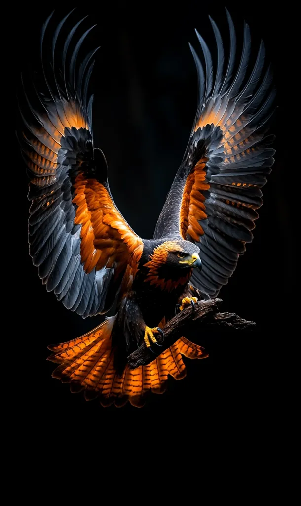 A majestic hawk, predominantly black and burnt orange, is captured mid-flight against a stark black background.  Its wings are fully spread, showcasing intricate feather details. The hawk's talons grip a dark branch, adding a sense of power and drama.  The vibrant orange highlights on its feathers and tail create a striking contrast, emphasizing the bird's intense gaze.  The image is sharp and detailed, showcasing the beauty and strength of the raptor.
