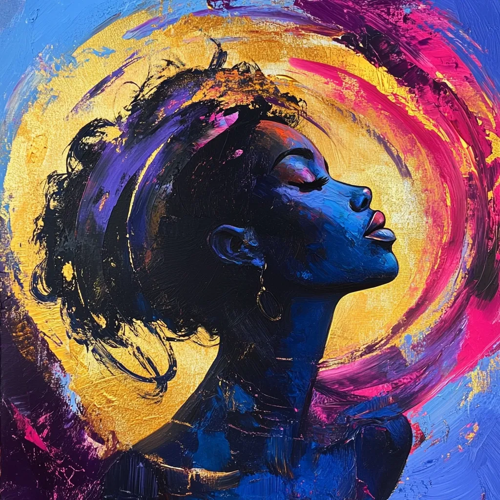 A vibrant oil painting depicts a Black woman's profile, her head tilted back, eyes closed in serenity.  Her dark skin is rendered in rich blues and purples, contrasting against a swirling background of gold, pink, and purple hues.  The background's circular brushstrokes suggest a halo or aura, emphasizing the subject's grace and inner peace.  The style is expressive and impasto, with visible brushstrokes adding texture and depth.