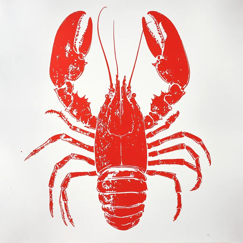 A vibrant red lobster is depicted against a stark white background.  The image is stylistically reminiscent of a vintage print, with a slightly textured, distressed look to the lobster's form.  The creature is presented in full view, its claws extended, showcasing its detailed anatomy in a bold graphic style.  The overall effect is striking and visually impactful.
