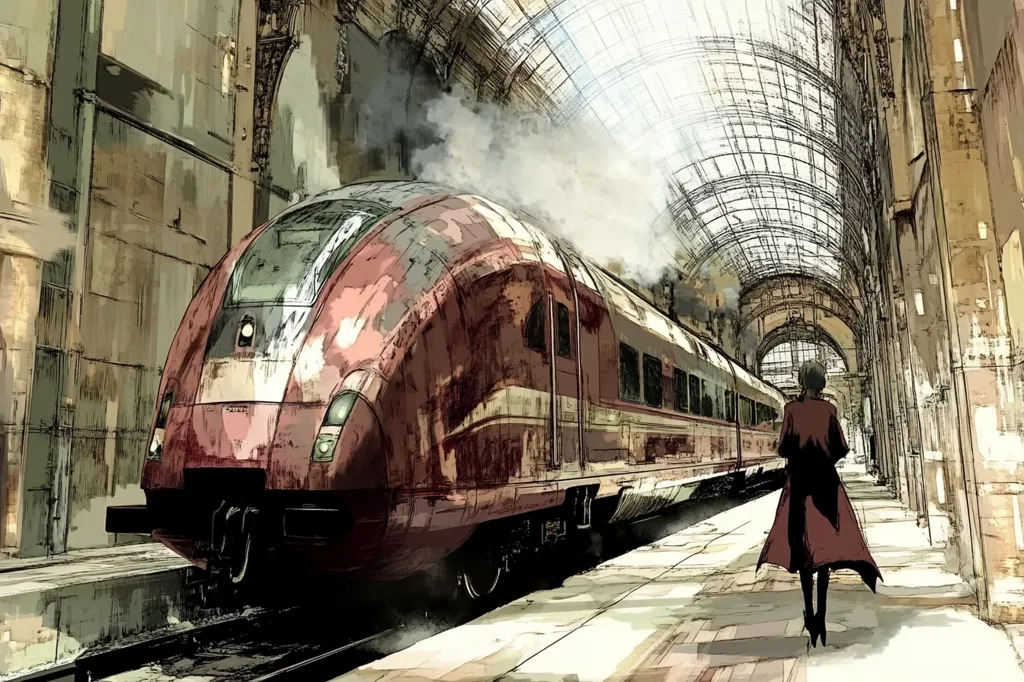 A stylized illustration depicts a long, crimson train emitting steam in a grand, aged train station. The architecture is ornate, featuring a glass-roofed ceiling and weathered stone walls. A lone figure, clad in a long, dark red coat, stands on the platform, their back to the viewer, seemingly awaiting departure. The scene exudes a sense of both grandeur and quiet contemplation, hinting at a journey about to begin.