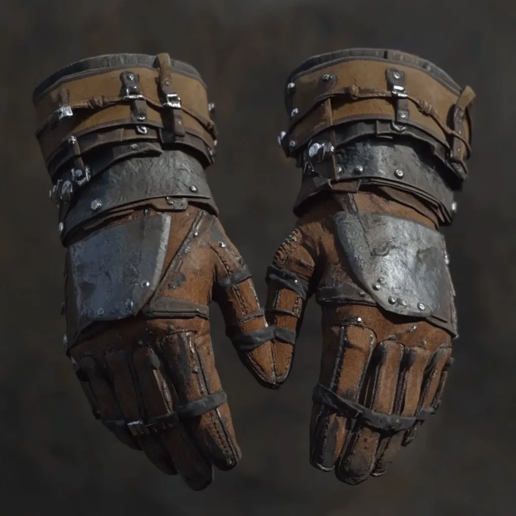 A pair of intricately crafted gauntlets are displayed against a muted background.  The gauntlets are constructed from brown leather, reinforced with metal plates and bands.  The metal shows signs of wear and weathering, suggesting age and use.  Straps and buckles secure the gauntlets around the wrists.  The design blends a medieval aesthetic with a gritty, worn texture.