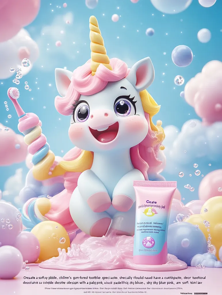 An adorable pastel-colored unicorn holds a toothbrush, sitting amidst a whimsical scene of bubbles and gumdrop-like shapes.  A tube of children's toothpaste is prominently displayed. The overall aesthetic is soft, playful, and designed to appeal to young children. The text suggests the creation of a child-friendly, aesthetically pleasing toothpaste.