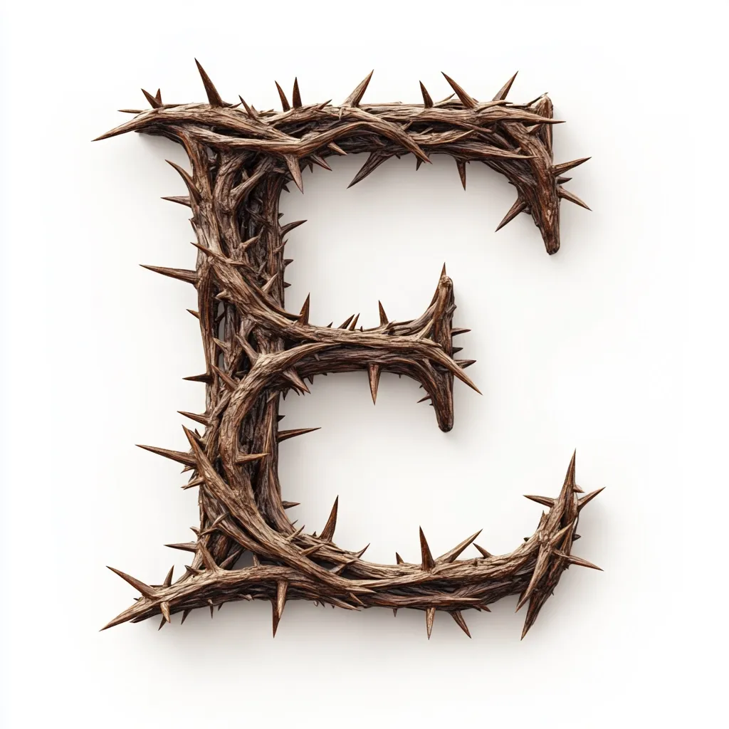 The letter "E" is depicted as a thorny vine, intricately formed into the letter's shape.  Sharp, dark brown thorns protrude from the intertwined branches, creating a textured, rough appearance against a clean white background.  The overall effect is dark and somewhat menacing.