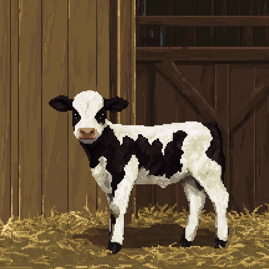 A pixel art depiction of a young black and white calf stands in a barn.  The calf is positioned slightly off-center, facing the viewer.  It's surrounded by hay on a dirt floor, with a wooden barn wall and partially open door in the background. The style is reminiscent of classic video game graphics.