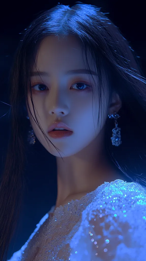 A young woman with long, dark hair is captured in a close-up shot.  She wears a shimmering, light-colored dress and dangling earrings.  The blue lighting casts a dramatic, ethereal glow on her face and attire, emphasizing her delicate features and the intricate detailing of her garment. Her expression is serene, yet captivating.