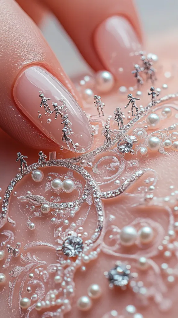 Close-up of intricately designed nail art.  Pale pink nails are adorned with miniature silver figurines walking along a path of pearls and rhinestones, creating a delicate, whimsical scene. The design features a lace-like pattern embellished with numerous small pearls and sparkling crystals, showcasing exquisite detail and craftsmanship.  The overall effect is elegant and glamorous.