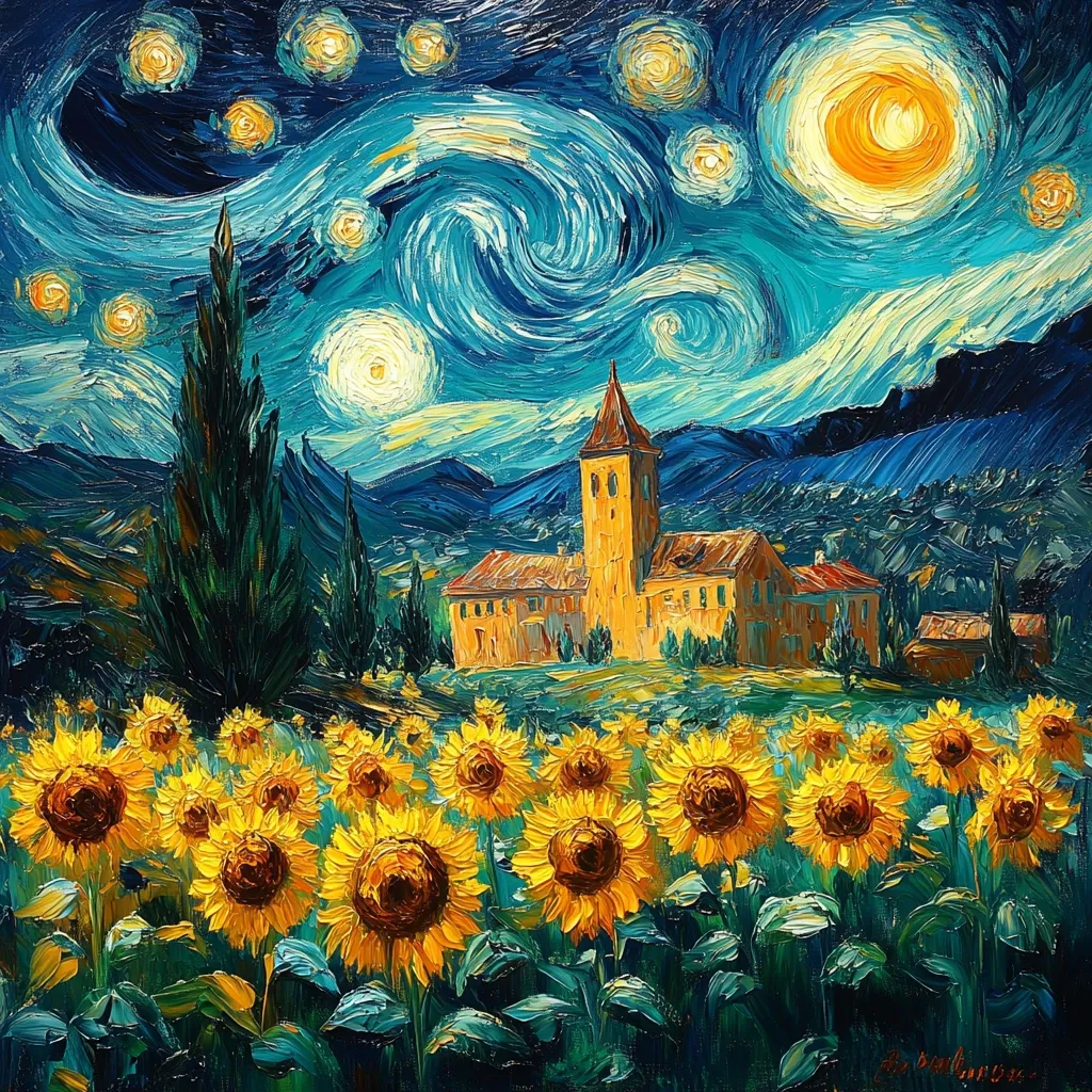 A vibrant oil painting, reminiscent of Van Gogh's style, depicts a tranquil countryside scene under a swirling, starlit night sky.  A field of sunflowers stretches in the foreground, leading to a charming village with a prominent church tower. The impasto technique creates a textured, dynamic effect, emphasizing the movement of the night sky and the vibrancy of the sunflowers.  The overall mood is peaceful yet energetic.
