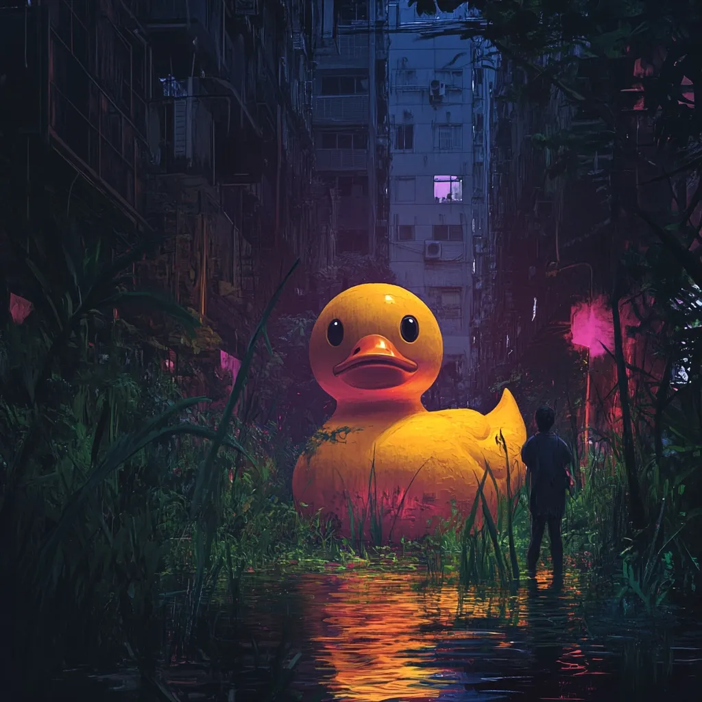 A giant yellow rubber duck sits in a murky, overgrown alleyway between dilapidated buildings.  The scene is dimly lit, creating a surreal and slightly unsettling atmosphere.  A lone figure stands in the water, observing the enormous duck.  Lush vegetation surrounds the duck and encroaches on the urban environment, suggesting a post-apocalyptic or overgrown city setting. The overall mood is mysterious and dreamlike.
