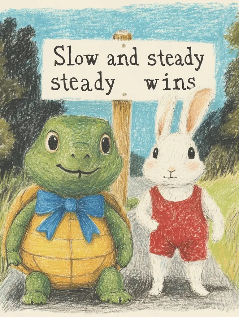 A cheerful turtle adorned with a blue bow tie stands beside a rabbit in red shorts.  A sign above them reads, "Slow and steady wins," illustrating the moral of the story.  The image is created with a crayon or pastel-like texture, giving it a whimsical and childlike feel.  The background depicts a simple landscape with trees and a light blue sky.