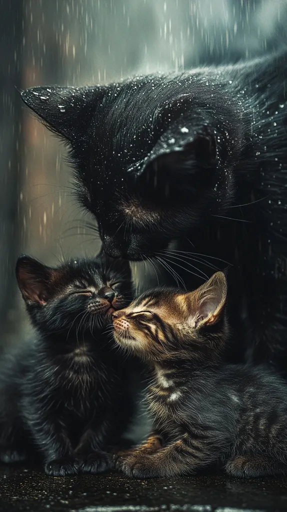 A black cat mother tenderly nuzzles her two kittens in the rain.  One kitten is black, the other a tabby.  The rain falls heavily, creating a dramatic, moody atmosphere. The cats are huddled together for warmth and comfort, showcasing a heartwarming scene of feline affection.  The image is dark and evocative, emphasizing the bond between mother and her young.