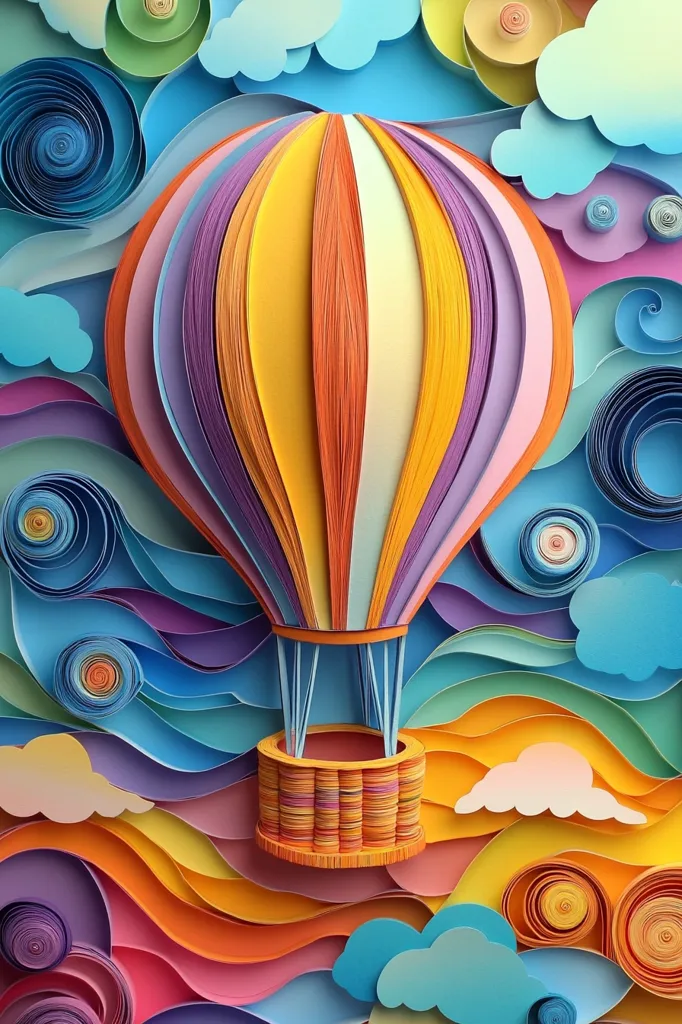 A vibrant, rainbow-colored hot air balloon floats amidst a swirling, layered paper landscape.  The balloon's gondola and the clouds are meticulously crafted with intricate paper curls and folds, creating a three-dimensional effect.  The artwork uses a spectrum of colors, from deep blues and purples to bright oranges and yellows, creating a whimsical and dreamy atmosphere.  The detailed texture and layered design are hallmarks of paper art.