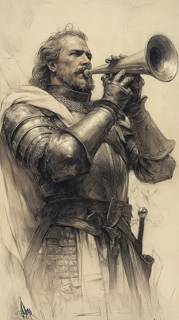 A detailed pencil sketch depicts a knight in full plate armor, his face partially obscured by a beard and long hair.  He holds a long, slender trumpet to his lips, his expression serious and focused. The armor's intricate details and the texture of the fabric are masterfully rendered, creating a sense of depth and realism. The background is softly sketched, drawing attention to the central figure.  A sword is visible at his hip.
