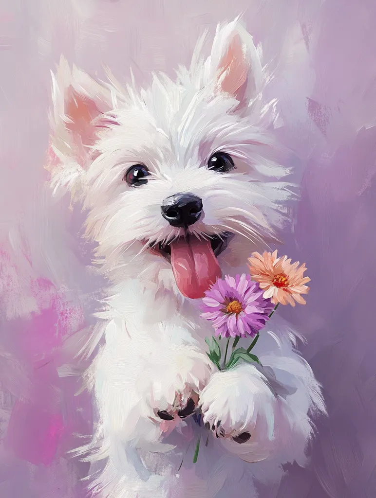 A charming painting depicts a West Highland White Terrier puppy.  The fluffy white dog holds a small bouquet of purple and orange flowers, its tongue playfully hanging out.  The style is painterly and soft, with a light purple background enhancing the puppy's bright white fur. The overall impression is one of sweetness and innocence.