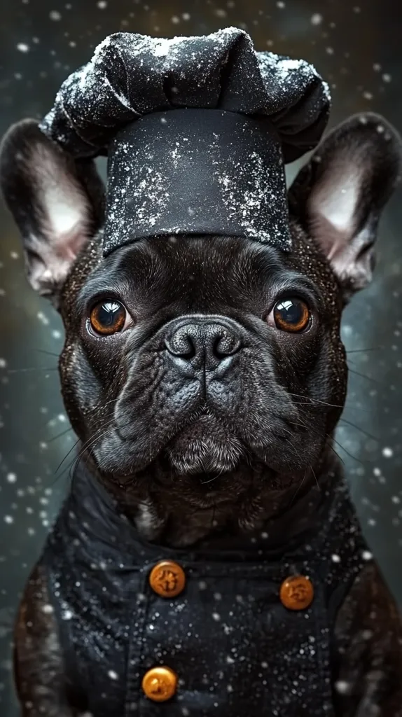 A black French Bulldog, adorned in a chef's hat and jacket, stands amidst falling snow.  The dog's expressive eyes and serious demeanor create a charming contrast to its attire.  The snow lightly dusts its hat and jacket, adding to the wintery scene.  The image is sharply focused, highlighting the dog's detailed features.