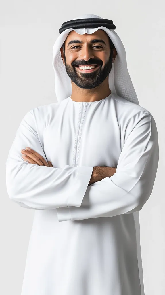 A smiling man, wearing a traditional white kandura and a black ghutra head covering, stands against a white background. His arms are crossed, and he projects confidence and approachability.  The image is clean and professionally lit, suitable for a portrait or corporate setting.