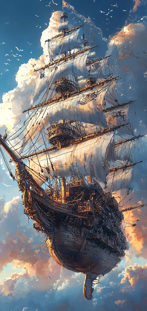 A majestic, intricately detailed galleon sails through a vibrant sky, its sails billowing in the wind.  The ship appears to float amidst fluffy clouds, a fantastical scene suggesting a world of airship travel or magical realism.  Birds fly around the vessel, adding to the ethereal atmosphere of the artwork.  The sunset casts warm hues across the clouds, enhancing the dreamy quality of the image.