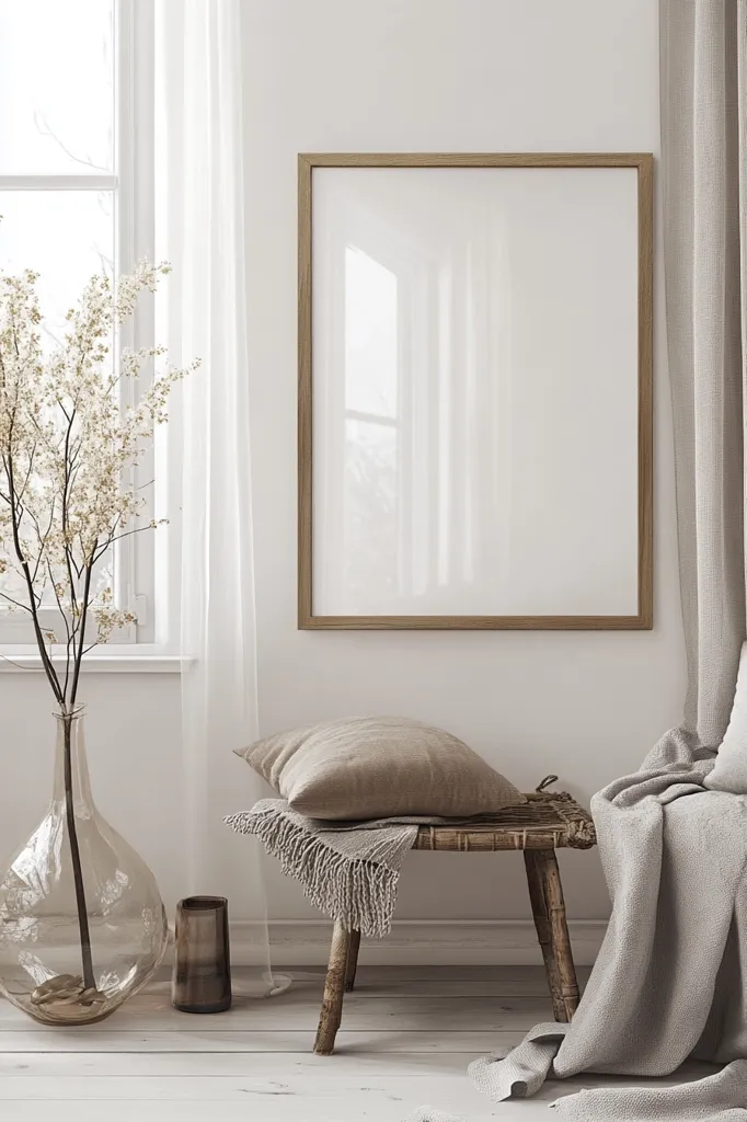 A minimalist room features a large, blank framed print on a white wall, flanked by sheer curtains.  A rustic wooden bench sits below, draped with a light beige throw and pillow. A tall glass vase filled with dried branches adds a touch of natural texture. The overall aesthetic is calm and serene, showcasing a neutral color palette.  Soft light streams in from a nearby window.