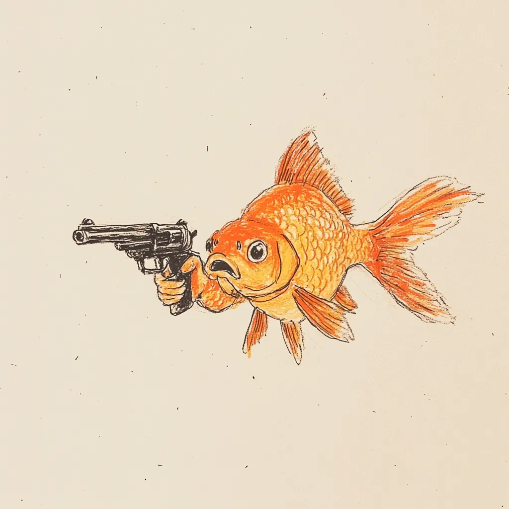 A whimsical illustration depicts a goldfish wielding a revolver.  The goldfish, rendered in orange and yellow hues, holds the gun with surprising dexterity. Its expression is one of determined seriousness, contrasting the absurdity of the scene. The style is reminiscent of a cartoon, yet possesses a slightly darker, humorous undertone. The background is a simple off-white, focusing attention on the unusual protagonist.