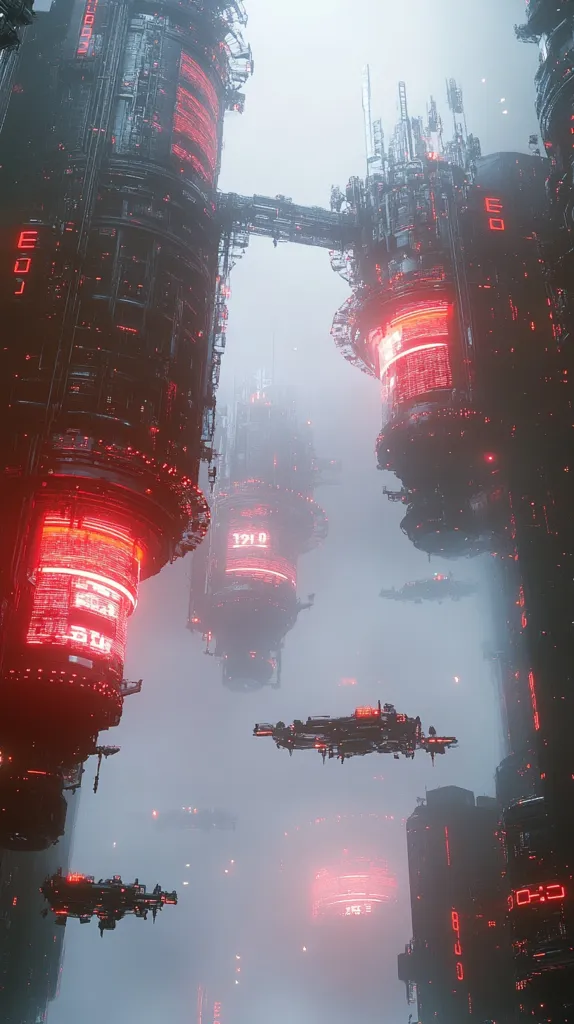 A futuristic cityscape shrouded in fog, dominated by colossal, dark metallic structures.  Red glowing displays illuminate the sides of these towering buildings, which are interconnected by bridges.  Smaller, sleek spacecraft hover in the misty atmosphere, creating a sense of scale and otherworldly technology. The overall aesthetic is dark, atmospheric, and evocative of a cyberpunk or sci-fi setting.