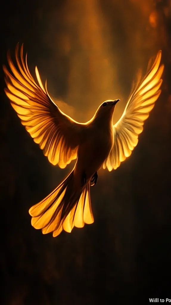 A radiant golden bird takes flight against a dark background, its wings outstretched in a powerful, graceful arc.  The warm, glowing light illuminates its feathers, creating a striking contrast with the surrounding darkness.  The image evokes feelings of freedom, hope, and spiritual ascension.  The bird's pose suggests both power and serenity.
