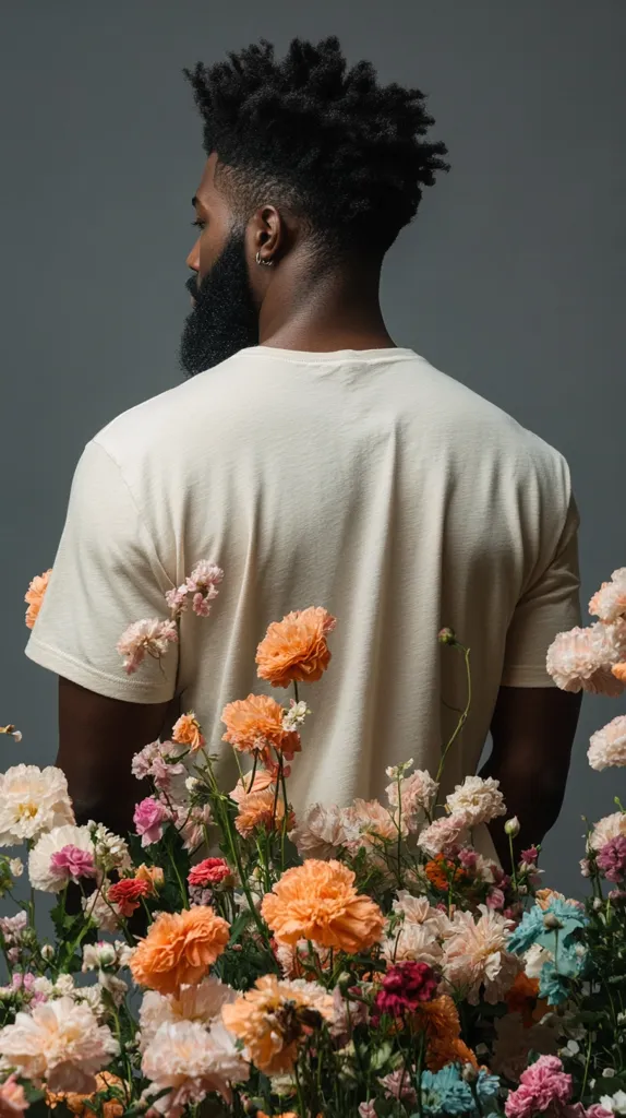 The back of a Black man with a full, curly afro is shown, wearing a cream-colored t-shirt. He is positioned in front of a lush arrangement of pastel-colored flowers, which partially obscure his body. The flowers are a mix of pinks, oranges, and peaches, creating a soft and romantic contrast against his dark skin and hair. The overall image is artistic and stylish.