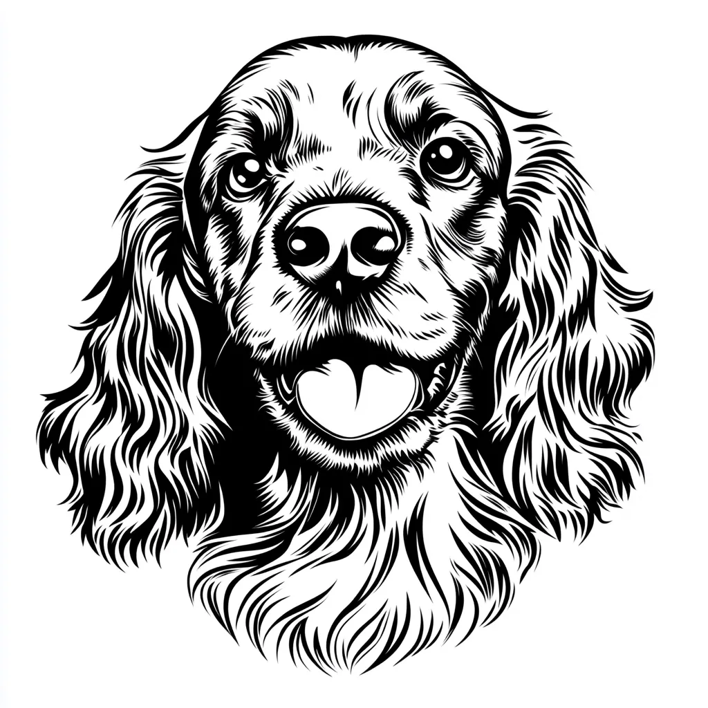 A black and white illustration of a Cocker Spaniel's head.  The dog is depicted in a detailed, almost woodcut style, with its long, flowing fur meticulously rendered. Its expression is friendly and happy, tongue slightly out, conveying a sense of playful energy. The image is striking in its simplicity and strong contrasts.