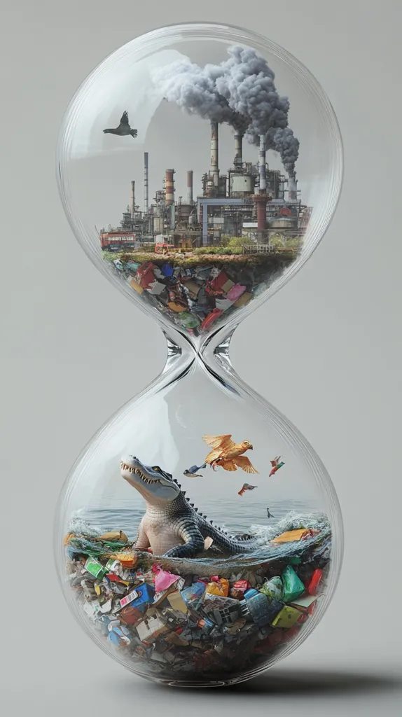 An hourglass depicts the consequences of industrial pollution and environmental degradation.  The top half shows a factory emitting dark smoke, while the bottom half reveals a crocodile submerged in a sea of plastic waste.  Birds fly amidst the pollution, symbolizing the impact on wildlife. The image powerfully conveys the urgency of environmental protection and the lasting effects of human actions.