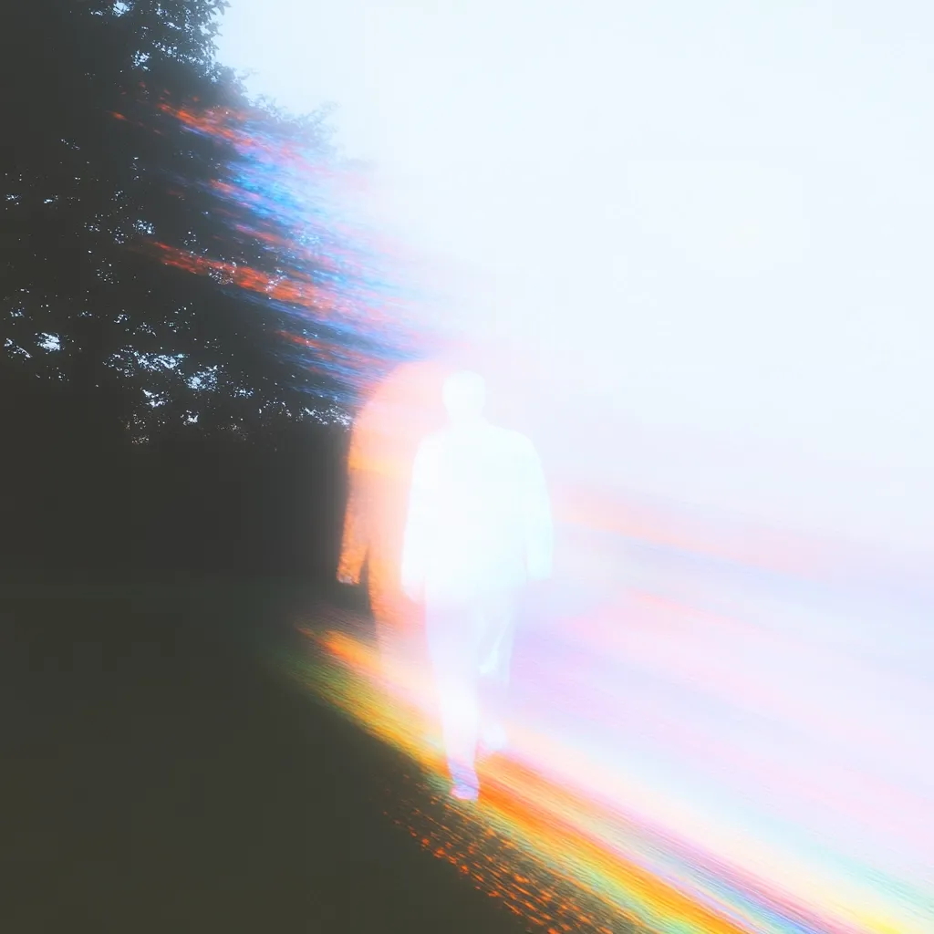 A luminous, ethereal figure walks away from a dark, tree-lined path.  The figure is translucent, almost ghostlike, bathed in a vibrant, rainbow-hued light that streaks across the scene.  The contrast between the dark, earthy tones of the path and the bright, otherworldly glow of the figure creates a mystical and surreal atmosphere.  The image suggests a transition, movement towards light or transcendence.