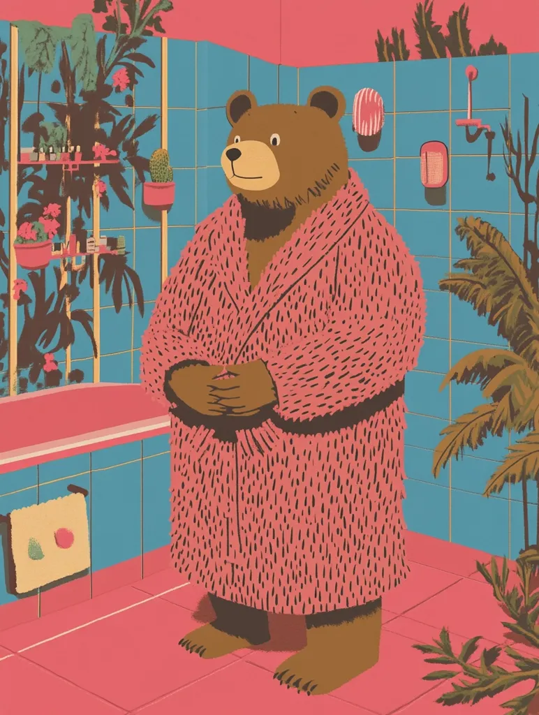 A brown bear stands in a pink bathroom wearing a coral bathrobe.  The bathroom features teal tile, various plants, and a shelf stocked with toiletries.  The bear's posture is relaxed, suggesting a post-shower moment. The overall style is retro and whimsical.  The color palette is bold and saturated.
