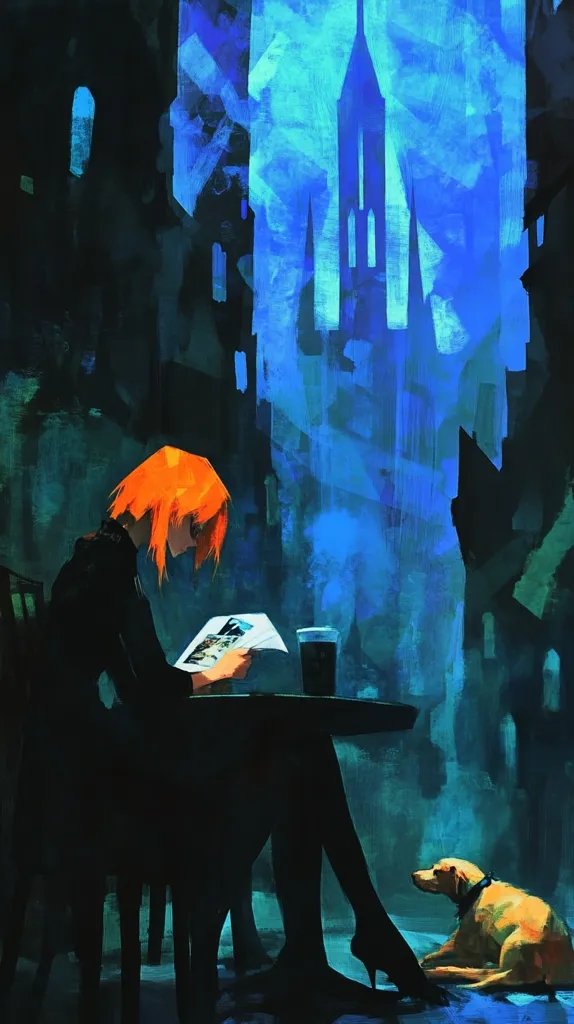 A woman with vibrant orange hair sits at an outdoor cafe table, engrossed in reading a magazine.  The setting is a dimly lit, stylized cityscape at night, with a tall, dark building dominating the background.  A small, light brown dog lies quietly at her feet. The painting employs a bold, expressive style with contrasting blues and dark tones, creating a moody and atmospheric scene.