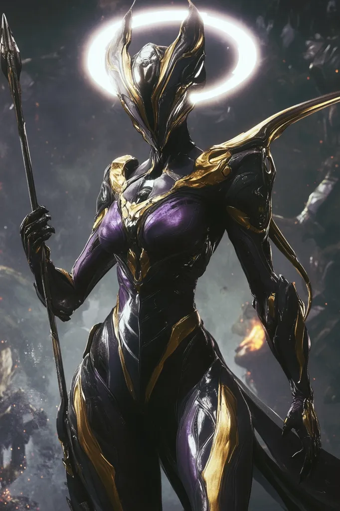 A striking digital artwork depicts a female figure, possibly a video game character, clad in a sleek, dark suit accented with gold.  Her helmet features elegant, wing-like protrusions, and a halo of light encircles her head.  She holds a long, slender staff, her pose powerful and commanding. The background suggests a battle-scarred landscape, enhancing the character's formidable presence.  The overall aesthetic blends futuristic elements with a hint of divine imagery.