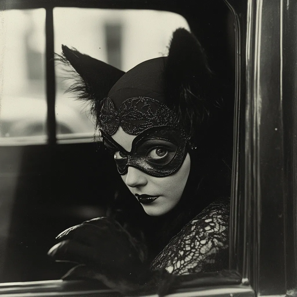 A captivating monochrome portrait showcases a woman mysteriously peering from a vintage car. She is adorned in an elegant black cat-like mask, intricately designed with lace detailing and accompanied by feathered ears.  The dark attire and dramatic lighting enhance the overall enigmatic ambiance of the image.  Her gaze is intense, inviting the viewer into her captivating secret.