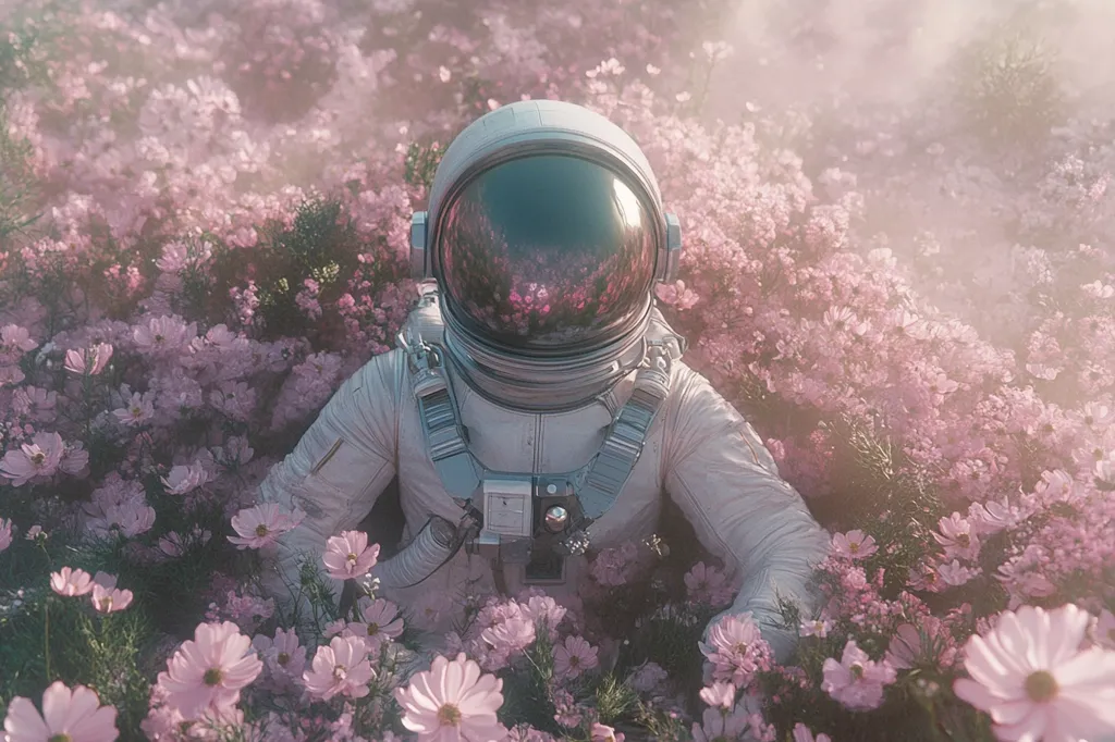 An astronaut in a white spacesuit sits amidst a field of delicate, light pink cosmos flowers.  A soft, hazy light filters through the blossoms, creating a dreamlike atmosphere. The scene is serene and peaceful, juxtaposing the harshness of space travel with the beauty of nature.  The astronaut's helmet reflects the surrounding flowers, blurring the line between reality and reflection.