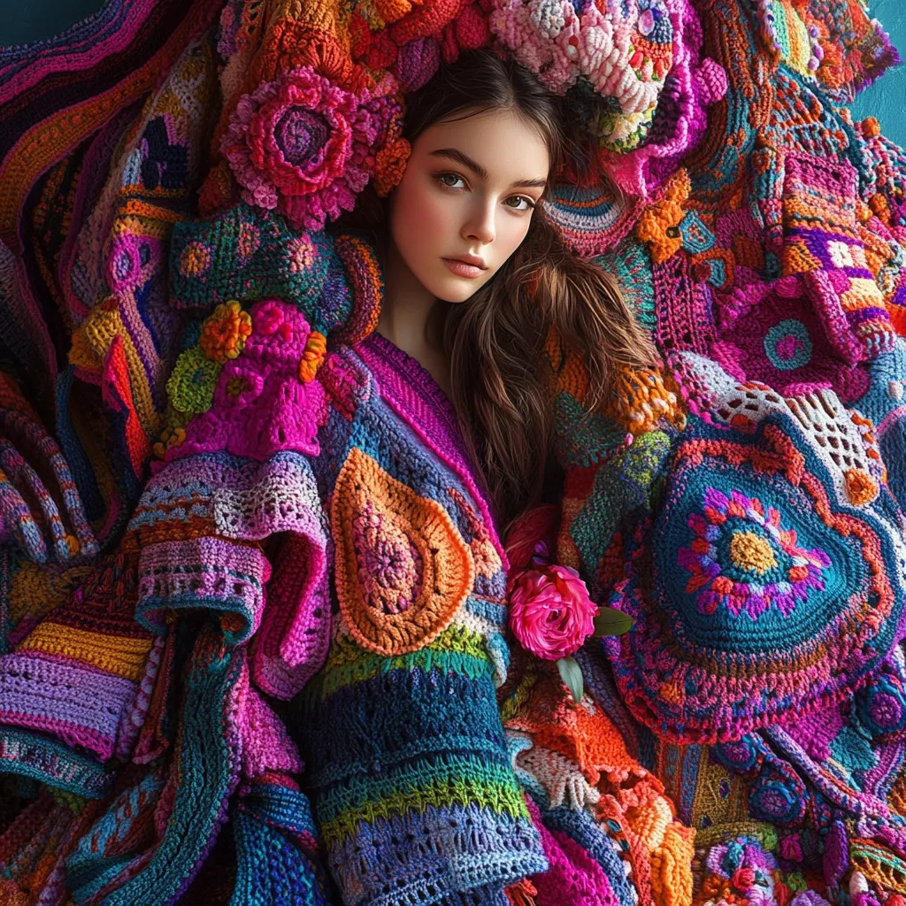 A young woman with long brown hair is nestled within a vibrant, multicolored crocheted garment. The intricate design features a profusion of flowers and various textures, creating a visually striking effect. The colors are bold and saturated, with pinks, purples, oranges, and greens dominating.  The overall impression is one of warmth, creativity, and artistic expression.