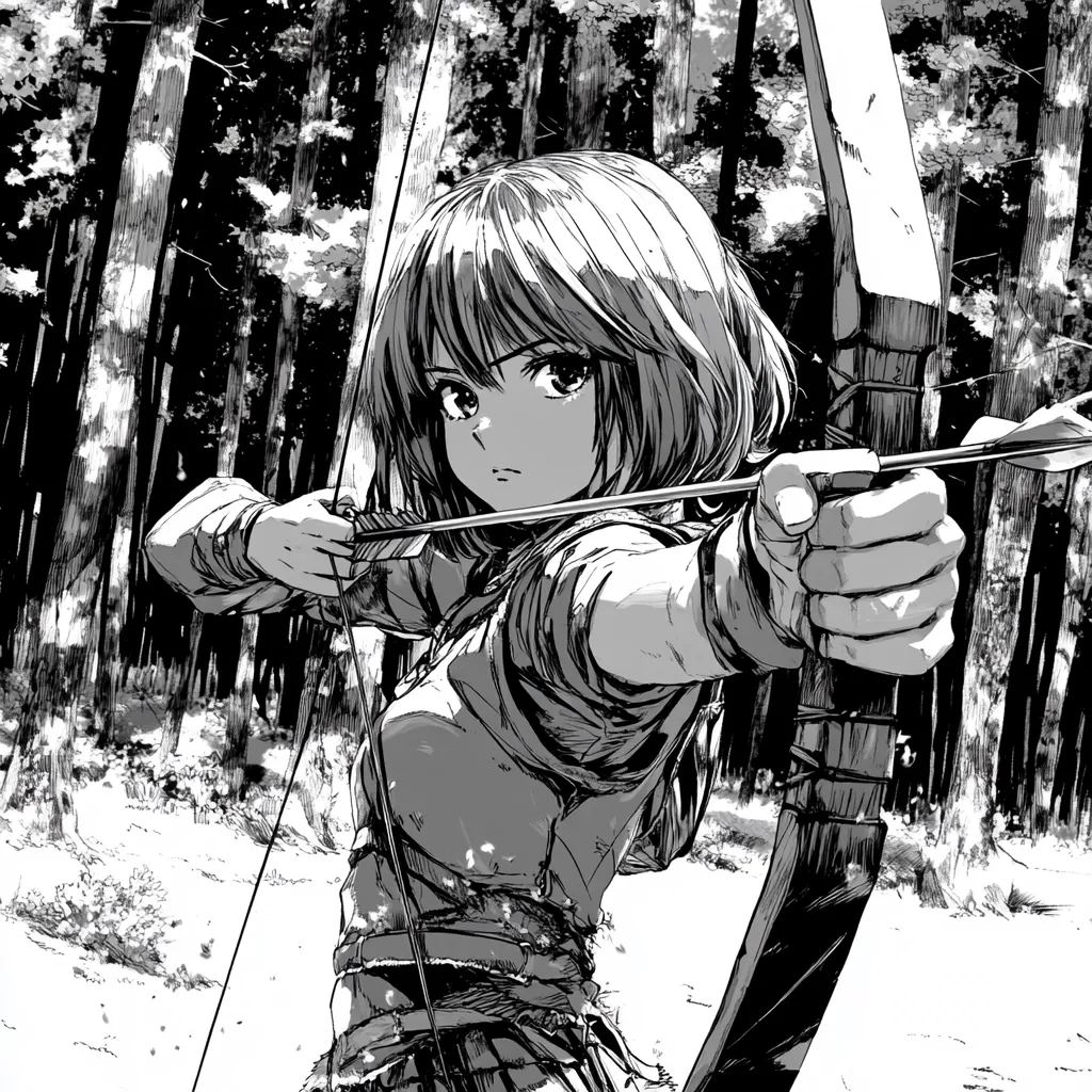 A monochrome illustration depicts a young woman, anime-styled, aiming a bow and arrow in a forest setting.  Her short hair frames a serious expression as she focuses on her target. The detailed artwork uses strong lines and shading to create a sense of depth and movement, emphasizing the archer's concentration and the tension of the moment.  The background of tall, slender trees enhances the atmospheric mood.