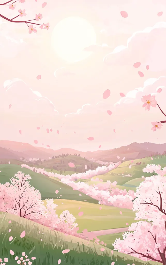 A soft, pastel-colored landscape depicts rolling green hills dotted with vibrant pink cherry blossom trees.  Petals gently fall from the blossoms, creating a serene atmosphere under a pale sun. The scene evokes a feeling of tranquility and the beauty of springtime.  The style is delicate and dreamlike, with a focus on soft colors and gentle lines.