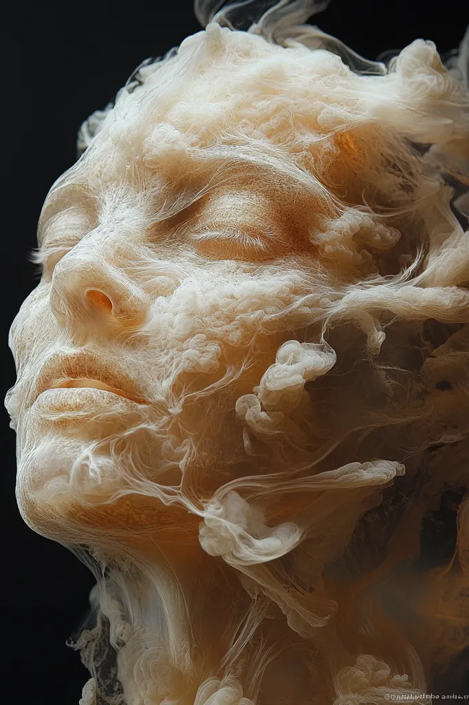 A digital artwork depicts a face seemingly melting or dissolving into a swirling cloud of cream-colored smoke or vapor. The ethereal figure's features remain subtly visible beneath the translucent, wispy texture. The overall effect is one of both beauty and fragility, suggesting transformation or a fleeting moment.  The dark background emphasizes the delicate, luminous quality of the face and smoke.
