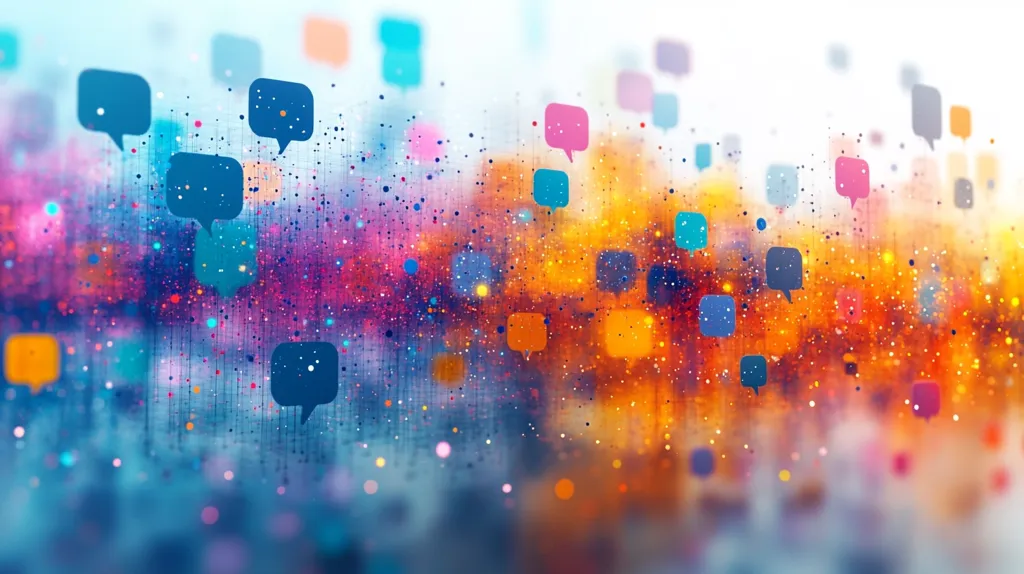 An abstract image depicting a vibrant, colorful background with numerous speech bubbles scattered across it. The background blends warm oranges and yellows with cool blues and purples, creating a dynamic and energetic feel.  The speech bubbles are various colors and sizes, suggesting a lively conversation or exchange of information. The overall effect is one of communication, connectivity, and bustling activity.