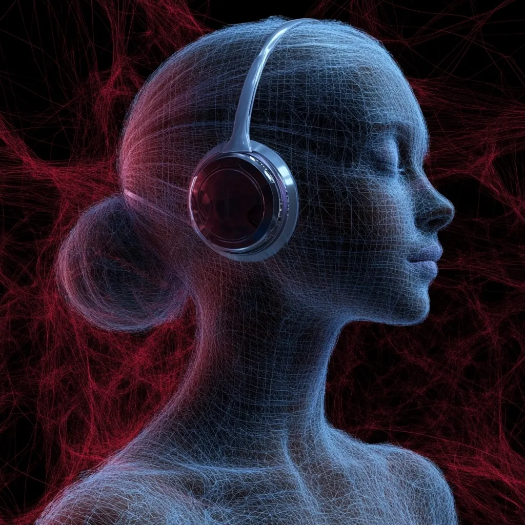 A stylized female figure, rendered as a wireframe mesh, is depicted in profile, wearing headphones.  Her eyes are closed, suggesting a state of relaxation or deep listening. The background is a dark, abstract network of red lines, creating a visually striking contrast with the cool-toned figure.  The overall image evokes a sense of digital artistry and musical immersion.