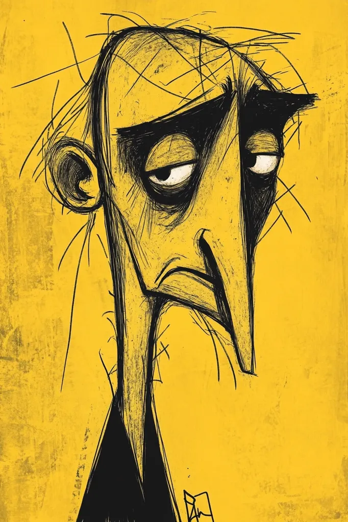 A stylized portrait of a man with a long nose and deep-set eyes, conveying a sense of weariness or sadness. The artwork is rendered in black and white lines against a vibrant yellow background, with a textured effect suggesting age or wear.  The style is expressive and somewhat grotesque, emphasizing the subject's melancholic expression through exaggerated features.  The overall mood is one of somber contemplation.