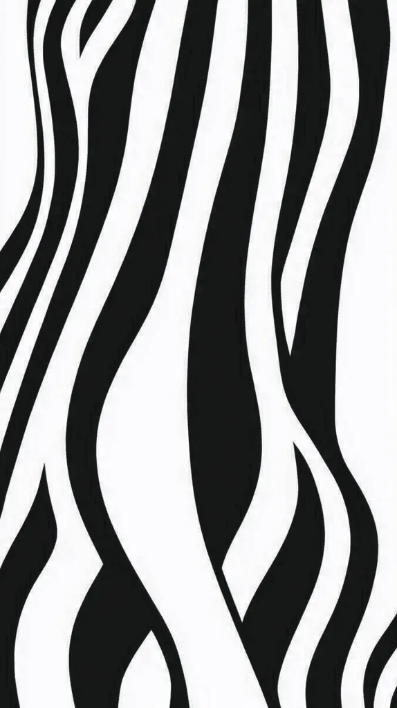 The image showcases a bold, abstract design featuring flowing, wavy black and white stripes.  The stripes are thick and curvaceous, creating a dynamic, almost liquid-like effect. The contrast between black and white is stark and visually striking, suggesting movement and energy. The pattern could be interpreted as flames, water, or a stylized representation of nature.