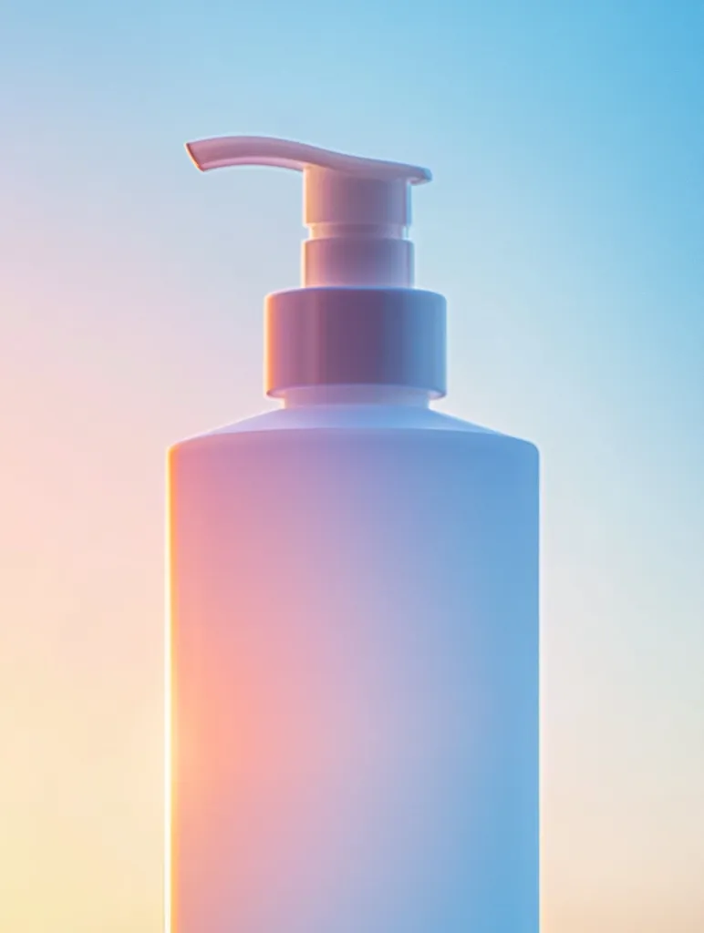 A white plastic pump bottle stands against a pastel backdrop of soft blues and pinks.  The bottle is cylindrical with a simple, modern design.  The background suggests a sunrise or sunset, creating a serene and calming aesthetic.  The image emphasizes clean lines and minimalist style.