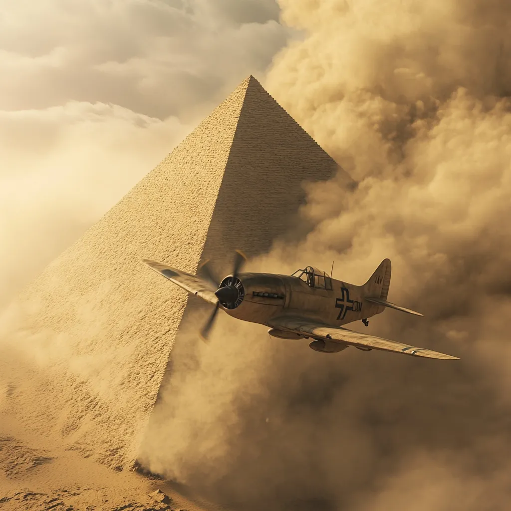 A World War II-era fighter plane, possibly German judging by its markings, flies low past a sand-covered pyramid in a swirling dust storm.  The scene evokes a sense of history, adventure, and the harshness of desert warfare. The sun casts a warm, hazy light on the scene, highlighting the plane's passage and the imposing scale of the ancient monument.  The dust obscures much of the background, creating a dramatic and mysterious atmosphere.