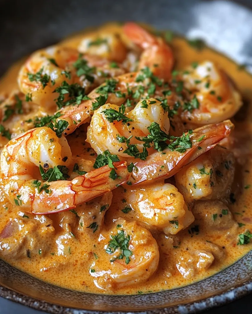 A close-up shot reveals a bowl brimming with succulent shrimp in a creamy, reddish-orange sauce.  The shrimp are plump and glistening, generously coated in the sauce and sprinkled with fresh parsley for a vibrant garnish. The dish appears rich, flavorful, and intensely satisfying. The depth of color and texture suggests a hearty and delicious meal.