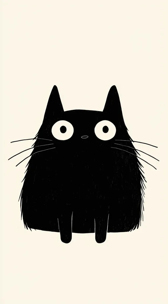 A simple illustration of a fluffy black cat sitting against a cream-colored background.  The cat has large, round eyes and a slightly surprised expression.  Its fur is depicted with short, textured lines, giving it a soft appearance.  The overall style is minimalist and cute.