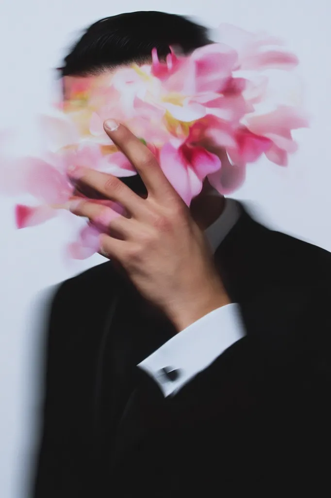 A man in a black suit partially obscures his face with his hand.  A blurred, ethereal overlay of pink flowers appears to be merging with his face, creating a surreal and dreamlike effect. The image suggests themes of hidden identity, vulnerability, and the transient nature of beauty.  The overall mood is moody and artistic.