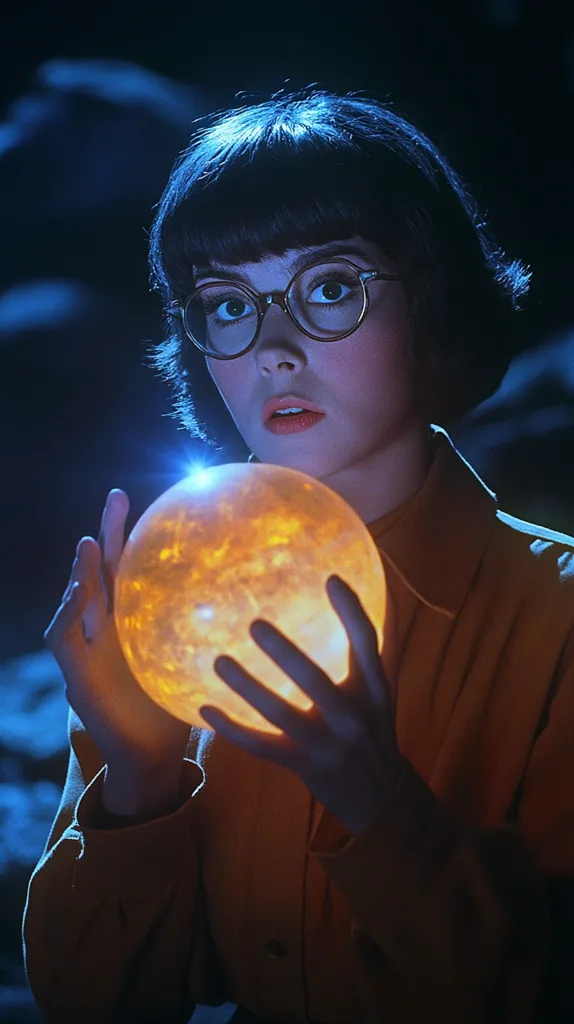 A young woman with short, dark hair and round glasses holds a glowing orb, resembling a miniature sun or planet.  She's dressed in a muted orange collared shirt. The scene is dimly lit, creating a mysterious and atmospheric mood.  The image evokes a sense of fantasy or science fiction. The woman's expression is serious and focused on the orb in her hands.