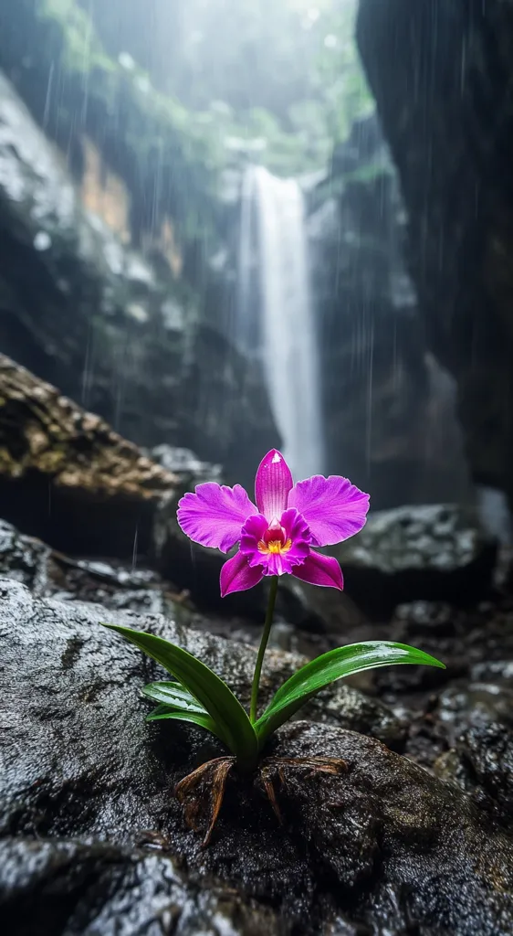 A vibrant purple orchid blossoms amidst a rainy, lush landscape.  Rain droplets cling to its petals and leaves.  The orchid is rooted in dark, wet rocks, with a waterfall cascading in the blurry background, creating a serene and mystical atmosphere. The scene is one of quiet beauty and resilience in the face of nature's elements.