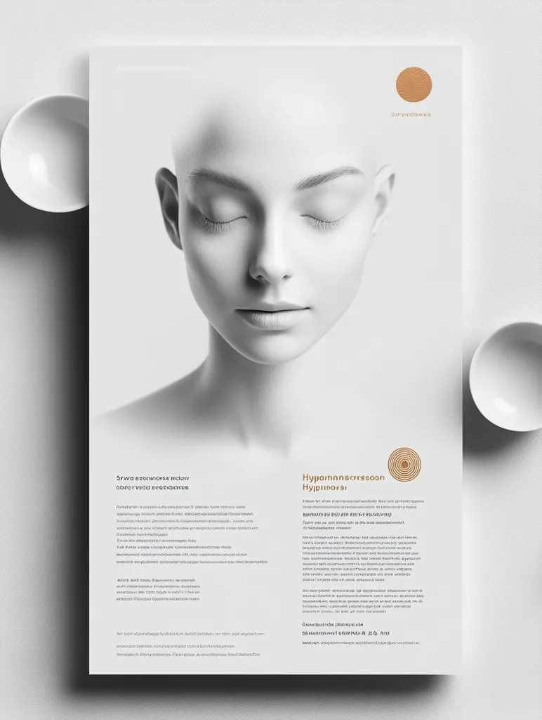 A minimalist black and white advertisement features a serene woman's face, eyes closed, symbolizing calm.  The text, primarily in an unknown language, suggests a product or service related to skincare or wellness.  A small logo is present. The overall aesthetic is clean and sophisticated, utilizing negative space effectively.  The design implies a sense of purity and tranquility.