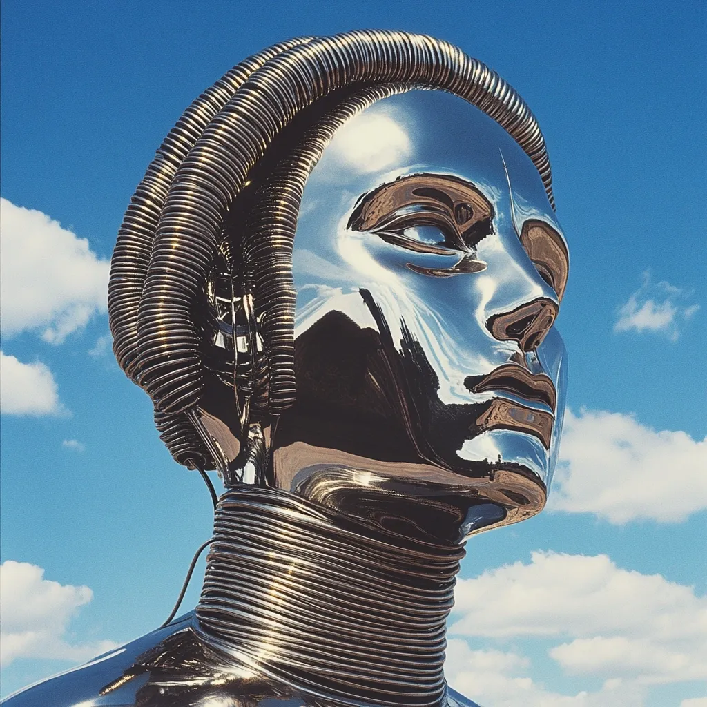 A polished chrome sculpture of a head and neck, adorned with coiled wire forming a crown and a neckpiece, is set against a vivid blue sky punctuated by fluffy white clouds.  The reflective surface mirrors the sky and clouds, creating a striking contrast between the metallic figure and the natural backdrop. The sculpture's expression is serene, its gaze directed upwards.